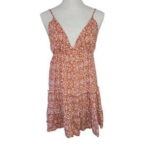 SANS SOUCI Orange Floral Baby Doll Dress Women's M Deep V-neck Strappy Strapless